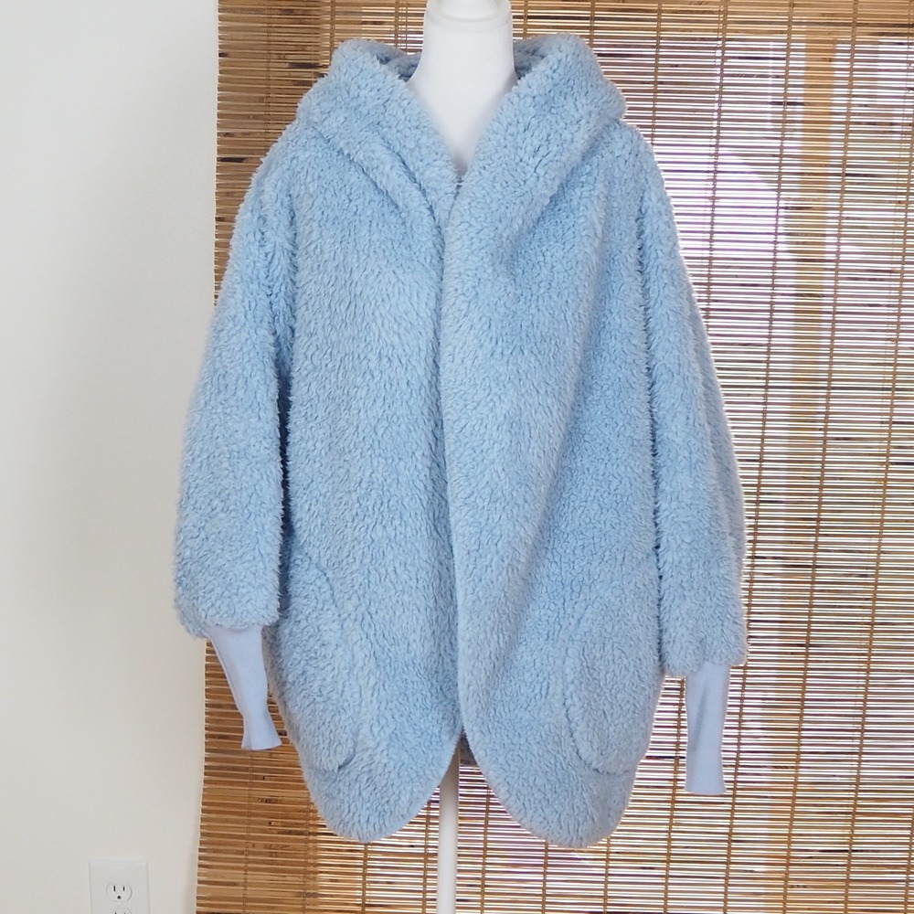 Nordic Beach Hooded Wrap Cardigan Light Blue Sherpa Fleece‎ Oversized One Size
